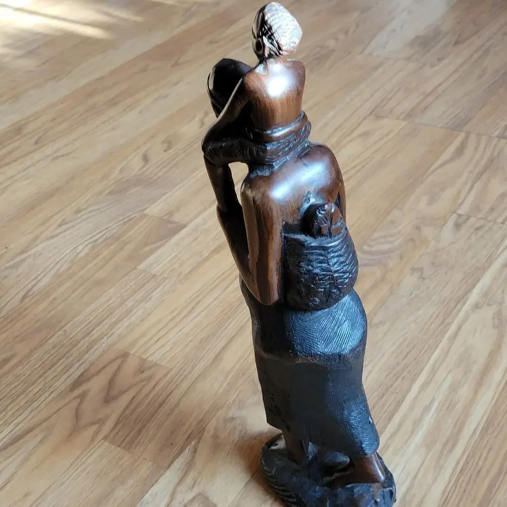 Vintage iron wood carving African women with child figurine sculpture